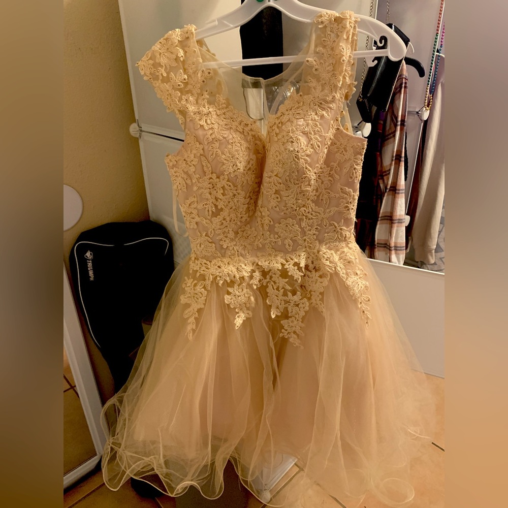 Cute champagne colored dress in good condition and fabric.